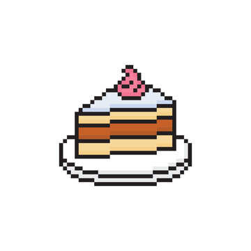 pixel art piece of cake on a plate 8 bit vector icon for computer game logo