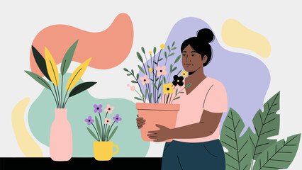 A woman with dark skin and a bun in her hair, wearing a pink shirt, holding a pot of colorful flowers, surrounded by other houseplants and abstract shapes.