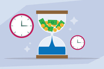 Time is an Asset: Hourglass with Money Flowing into Future Value 2d flat vector illustration