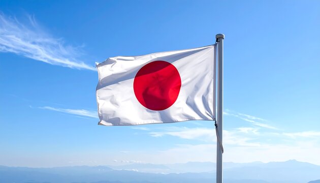 Japanese flag with red circle waiving in the wind against a vibrant blue sky with feathery clouds