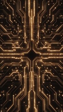 Close-up abstract digital circuit board pattern with glowing orange lines and nodes, representing technology and data flow