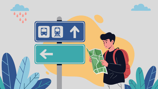 A young man with a backpack consults a map at a directional signpost indicating train travel and a left turn, with stylized clouds and foliage in the background.