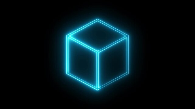 Abstract background, cube box with glowing neon lines on black background. Neon 3d square box stroke icon. Square box with bright. tube, animated, animation,  cyber, darkness, electronic, 