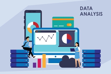Data Analysis and Business Intelligence: Team Processing Financial Data and Statistics 2d flat vector illustration