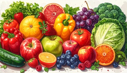 Fresh Assortment of Vibrant Fruits and Vegetables