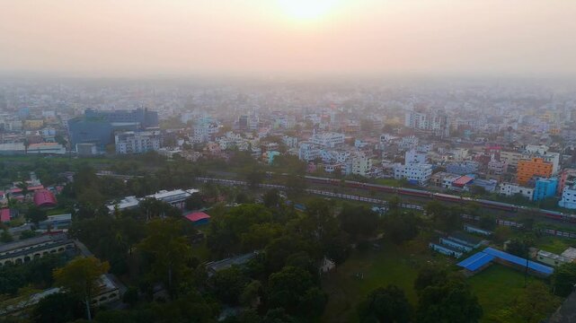 Top down Buildings and Apartment with Multiple Building aerial. Urban Buildings and Apartment at bridge road at Delhi. Cinematic cityscape drone shot. Noida Buildings.