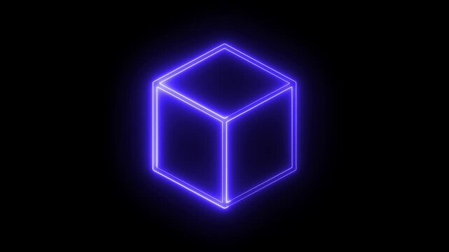 Abstract background, cube box with glowing neon lines on black background. Neon 3d square box stroke icon. Square box with bright. tube, animated, animation,  cyber, darkness, display, electronic, 