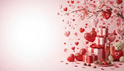 Obraz premium Valentine's day celebration romantic atmosphere heart-shaped decorations gift boxes pink background love concept festive environment sweet treats cozy viewpoint