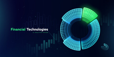 Fototapeta premium Business Data Analytics. Financial Growth. Fintech Analytics Dashboard With Futuristic Circular Data Chart In Neon Blue And Green For Finance, Investment, And AI Insights. Vector Illustration.