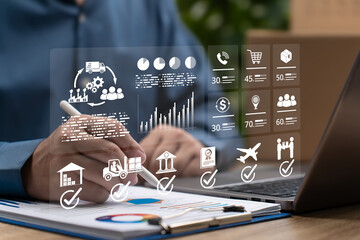 Logistics and Supply Chain Management Concept, Businessman Presenting Global Transportation Data, Financial Business Connectivity, Secure Shipping Process, Customer Information, Product Warranty