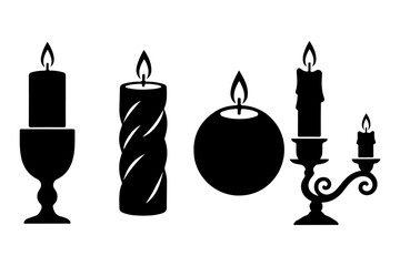 Obraz premium A diverse collection of elegant burning candle and decorative holder silhouettes, featuring various styles with gentle flames, ideal for graphic projects evoking warmth, light, and a serene ambiance