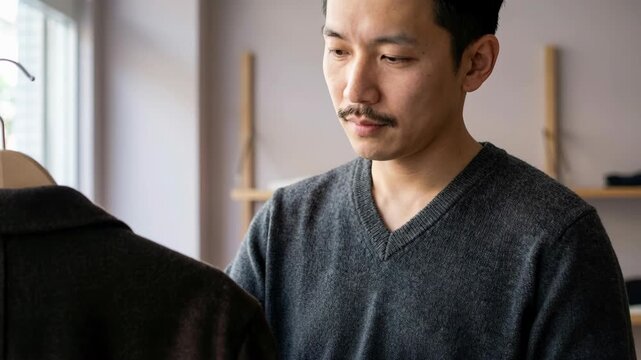 Thoughtful man examining brown sweater indoors near clothing rack in cozy boutique showroom with soft natural light and neutral background, 4k video