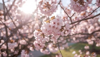Pink cherry blossoms in full bloom, illuminated by sunlight 
