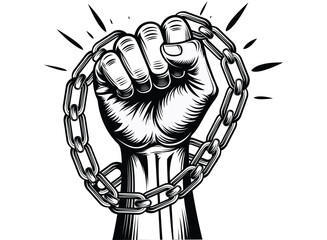 Vector Illustration of Raised Fist Breaking Chains &ndash; Black and White Symbol of Freedom, Resistance, Empowerment, and Social Justice in Bold Graphic Style
