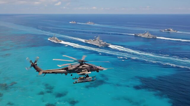 a military helicopter taking off from an aircraft carrier and escorting warships to a designated target