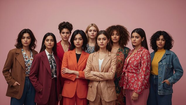 a group of diverse women standing together, conveying strength and unity, each one dressed elegantly in formal wear. The scene is set against a simple backdrop, emphasizing their collective presence