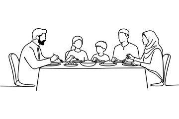Minimalist One Line Art Muslim Family Dinner Togetherness Concept