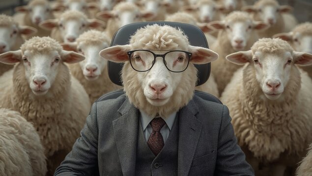 An intelligent sheep wearing glasses surrounded by a flock of similar sheep, creating a thought-provoking image