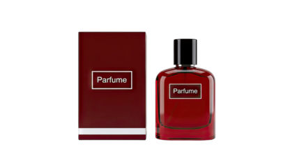Red Perfume Bottle and Box on White Background