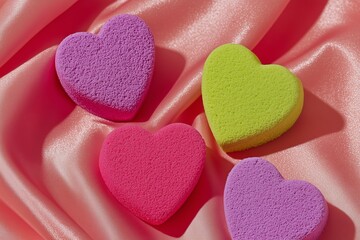 Playful Abstract Beauty Sponges and Makeup Tools on Pink Satin with Bold Color Contrast