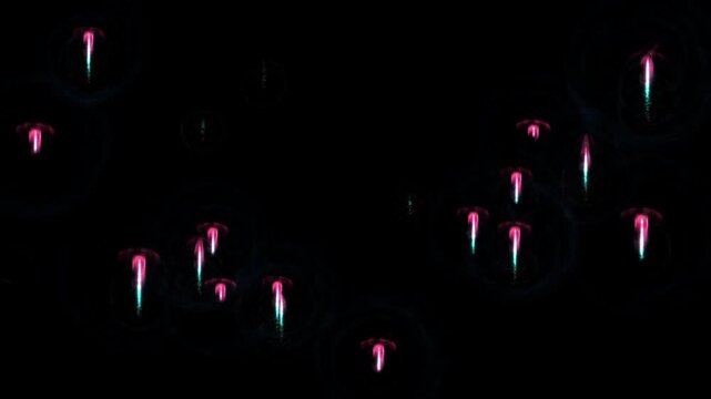Neon pink and teal glowing particles with trail effects on black background
