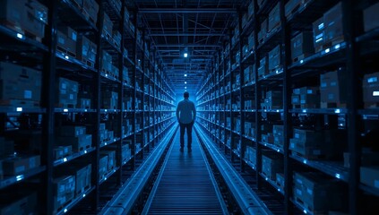 a person walking through a modern warehouse filled with neatly organized shelves. The scene exudes efficiency and technological integration