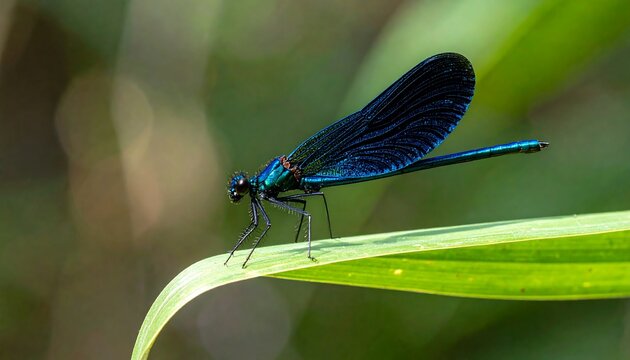 Iridescent blue dragonfly perches on a verdant leaf against soft green backdrop in bright light - Powered by Adobe