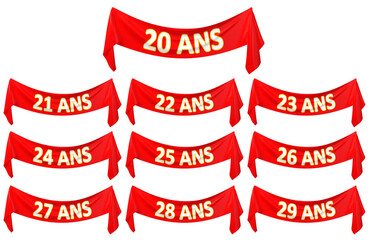 set de banderoles en tissus rouge pour les anniversaires de 20 ans &agrave; 29 ans - rendu 3D sur fond transparent