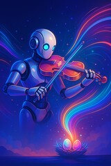 Robot playing holographic violin emitting colorful sound waves, semi-realistic stage lighting with neon blues and warm accents, concept of emotion through technology