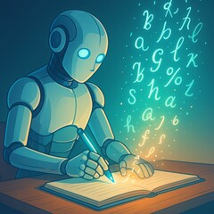 Robot sitting at desk writing with light pen, glowing letters floating upward forming stories, semi-realistic teal-amber lighting