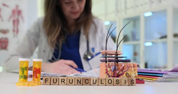 Wooden cubes spell word Furunculosis near skin model and medicine bottles. Female doctor in blue scrubs writes notes about treatment of patient