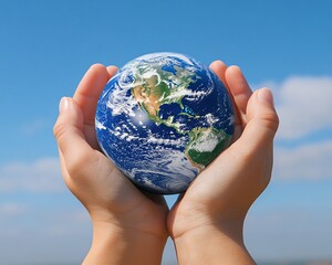 Hands holding Planet Earth, gently cradling a detailed model of Earth against a clear blue sky, symbolizing global care and unity, soft lighting, peaceful atmosphere