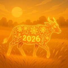 Sacred cow made of glowing floral patterns walking through golden fields