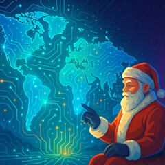 Santa navigating through a digital map made of glowing circuits representing global joy