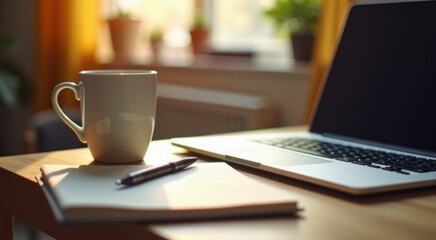 Laptop computer sitting on a desk with a cup of coffee