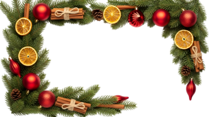 Christmas frame made of spruce branches decorated with red balls dried oranges and cinnamon sticks on transparent background