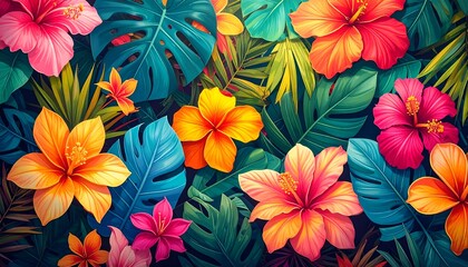 Lush digital art featuring vibrant hibiscus blooms and tropical leaves in an overgrown display