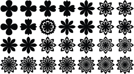Floral ornament silhouette collection featuring symmetrical petal flower shapes decorative flat vector elements for pattern design branding and creative projects