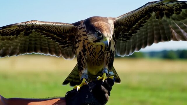 A raptor with spread wings perched on a gloved hand, foregrounded against blue sky and grass