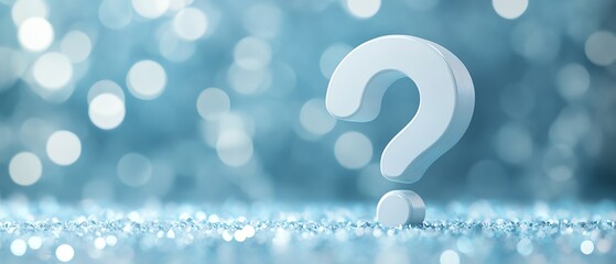 White question mark on a large circular button, set against a soft blue background with blurry white lights, clean and modern design for mystery or inquiry themes