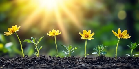 De la graine a la fleur etapes de croissance dune paquerette, soleil eclatant et fond vert naturel, evolution lente