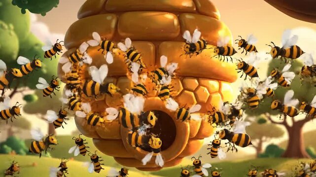 Cartoon Beehive Hanging from a Tree in a Sunny Open Green Landscape