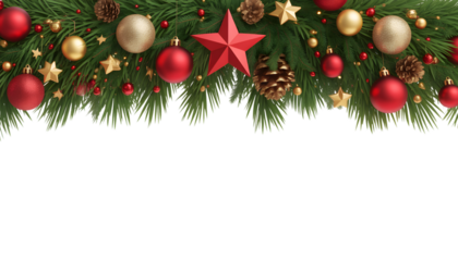 Christmas top border with fir branches golden and red baubles pine cones and stars isolated on transparent background