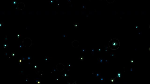 Colorful glowing dots scattered across dark background in abstract motion animation

