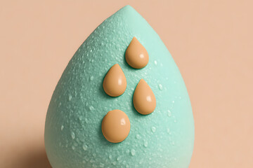 A teardrop shaped light blue beauty blender with small water droplets on its surface and three small drops of foundation on top, against a beige background
