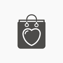 Shopping bag icon vector set on white. Paper heart black eco bag with handle. Flat style element