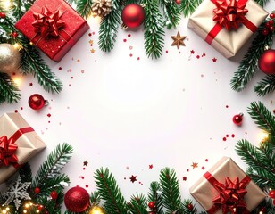 Festive gifts & decor, fir branches, ornaments, copy space