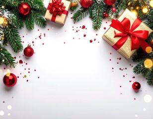 Festive holiday arrangement with gifts, ornaments, and greenery, blank space