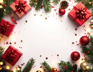 Festive holiday frame red gifts, ornaments, evergreen, lights, and stars