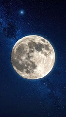 Giant full moon shines brightly in the deep, starry, cosmic night